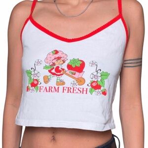 Strawberry Shortcake Farm Fresh Cami Crop Top Red Lace Trim White Graphic Medium